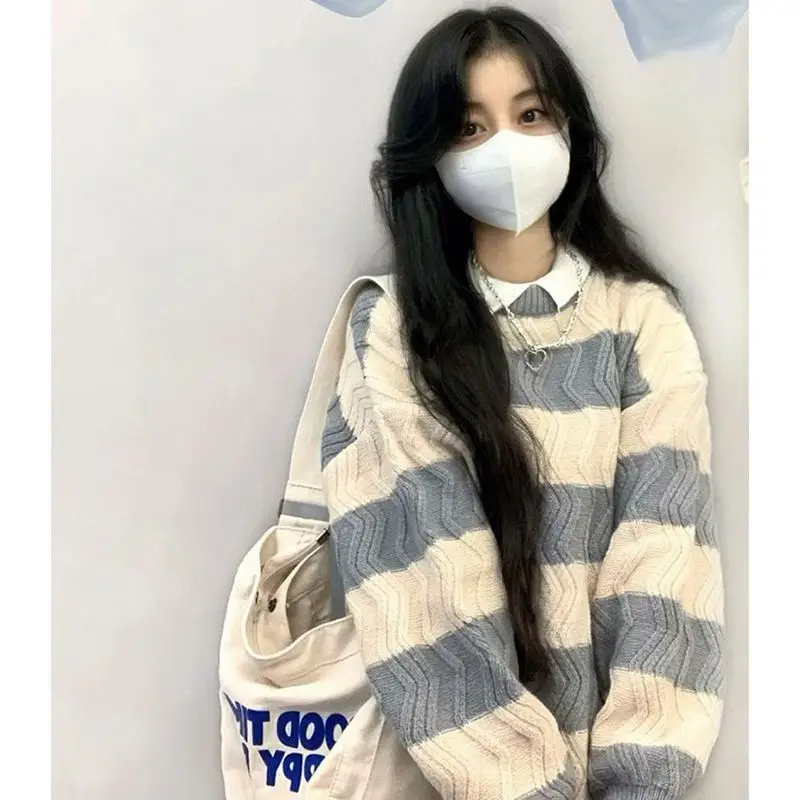 

Sweet Striped Color Blocked Forest Sweater Women's Lazy Style Loose Pullover College Style Knit Sweater