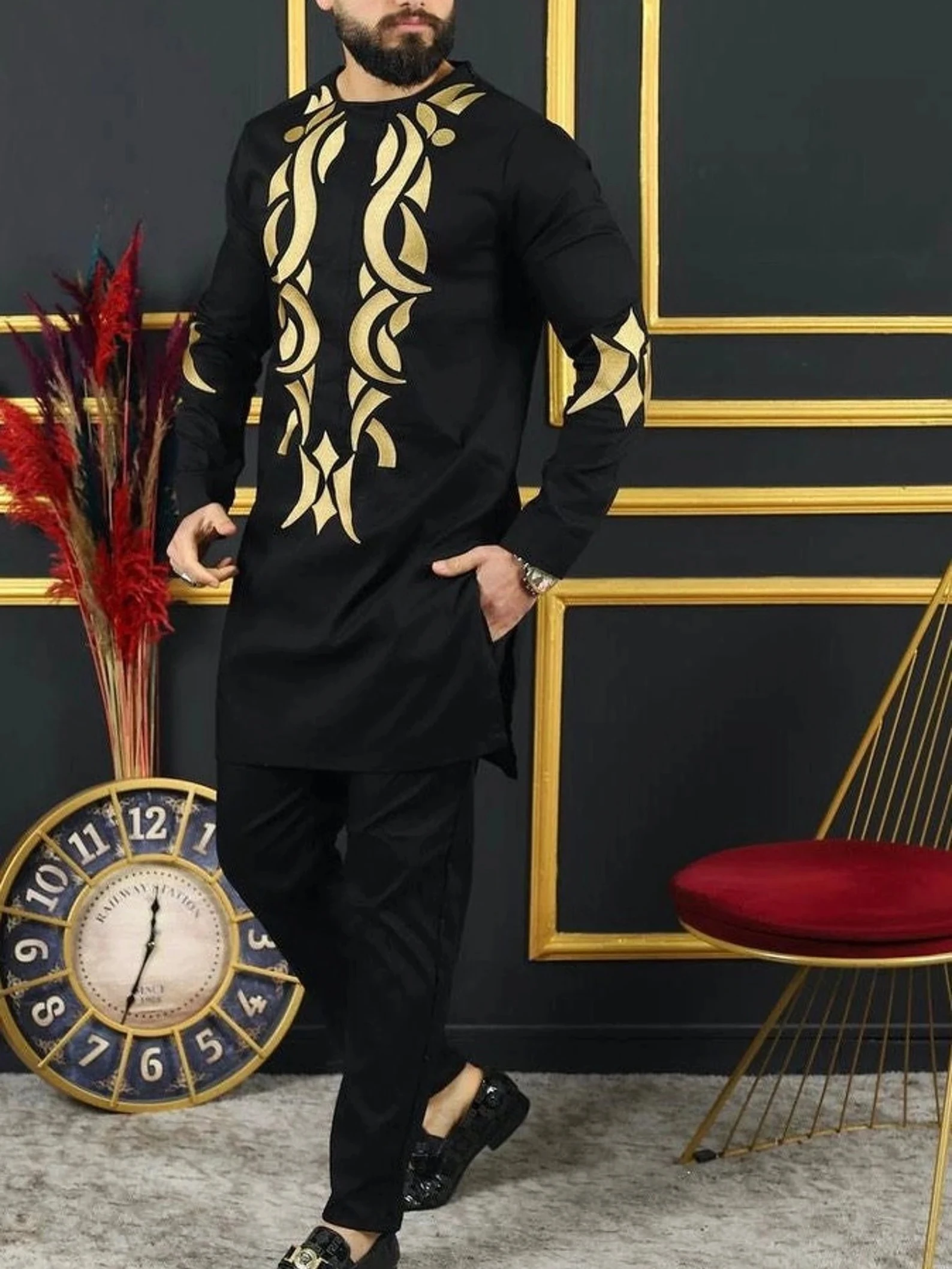 Men's luxury fashion casual black geometric print two-piece set