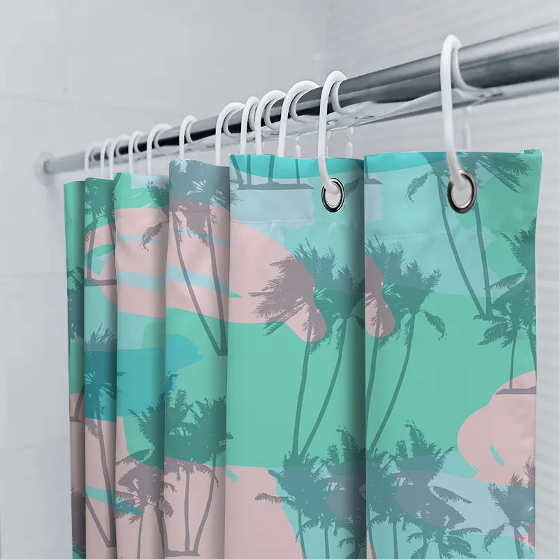 Vibrant Palm Tree Shower CurtainBeachy Turquoise Pink Pattern for Bathroom Decor Easy Clean Fabric with Hook Rings Set