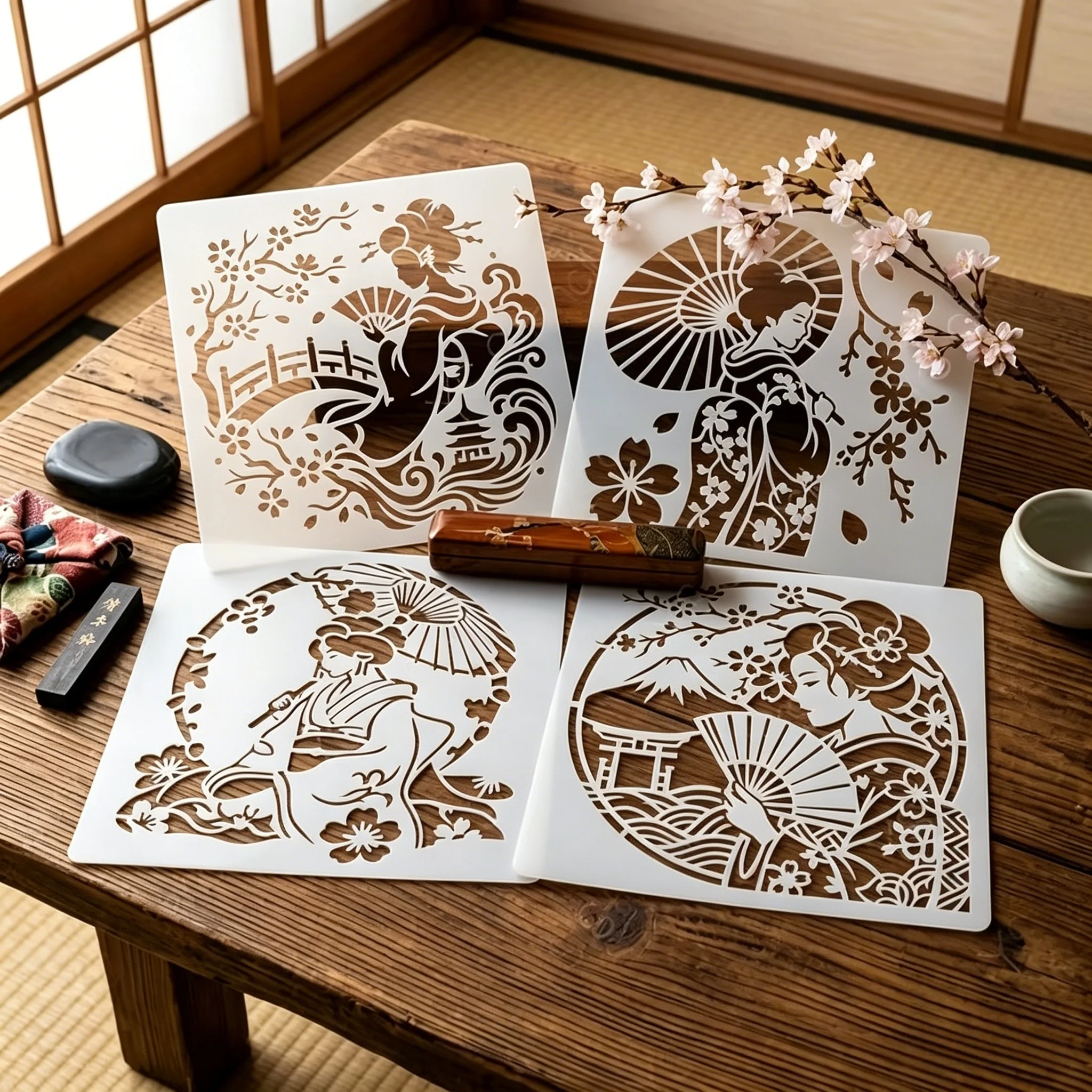 4 Plantillas de Geisha Japonesa Reutilizables ​ ​ Flores de cerezo, Monte Fuji para manualidades, pintura en pared, telas