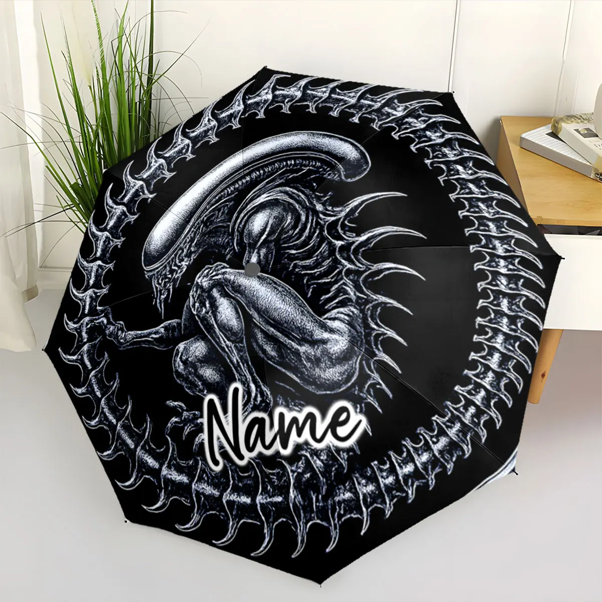 Custom Name Umbrella Alien-Themed Umbrella with Intricate Design Print 8 Iron Ribs Folding Umbrella Auto-Open Fashion Sunshade