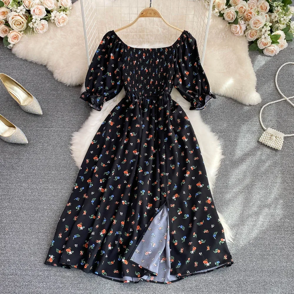 2024 Fashion New Summer Flower Print Long Dress Women Vintage Square Neck Ruched Chest Split  Sundress Party Vestidos