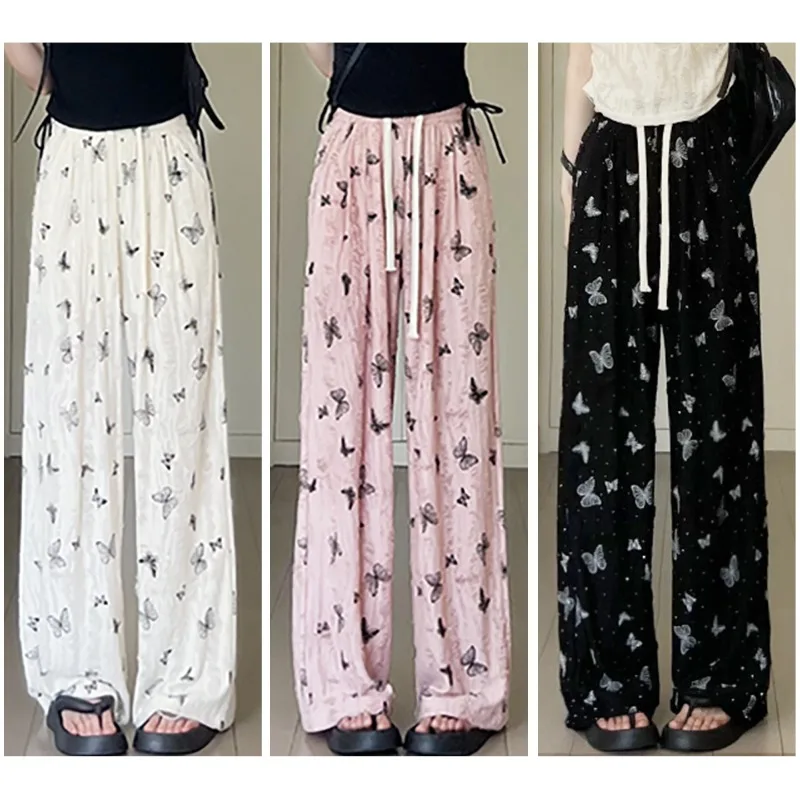 2026 Summer Korean Women's Butterfly Printed Wide Leg Pants Y2k Fashion Rhinestone Casual Loose Trousers for Women Streetwear
