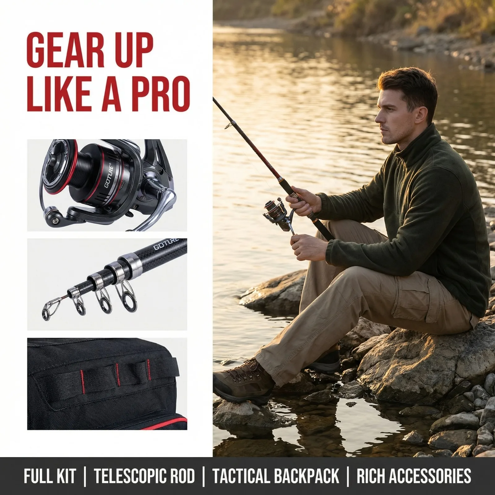 

Goture Complete Fishing Rod Reel Combo Full Kit,Tackle Bag,Landing Net,Lures,Lines,Tools for Saltwater Freshwater Fishing Gear