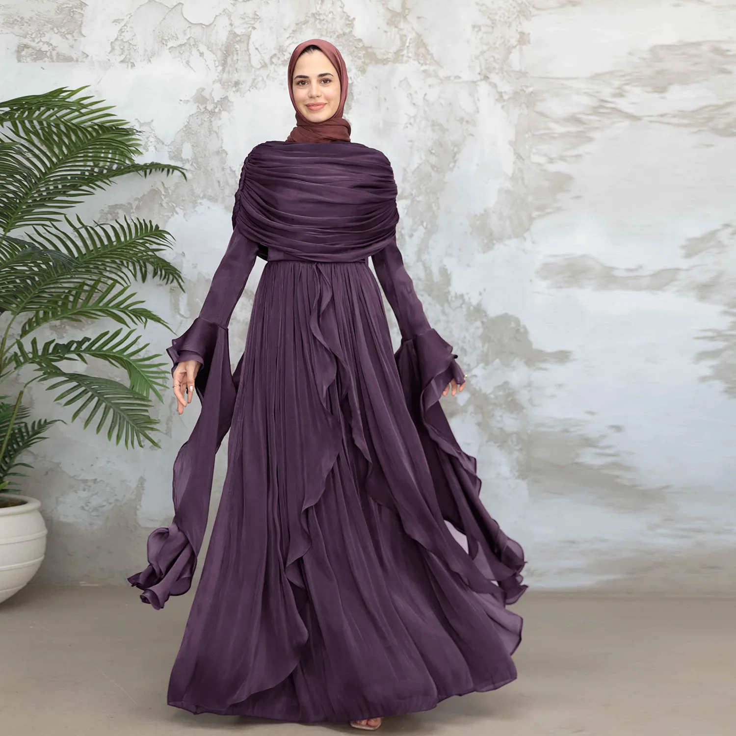 

Eid Flare Sleeve Ruffle High Waist Long Dress for Event Party Gown Dubai Abaya Turkey Kaftan Muslim Robe Islam Jalabiya Vestidos