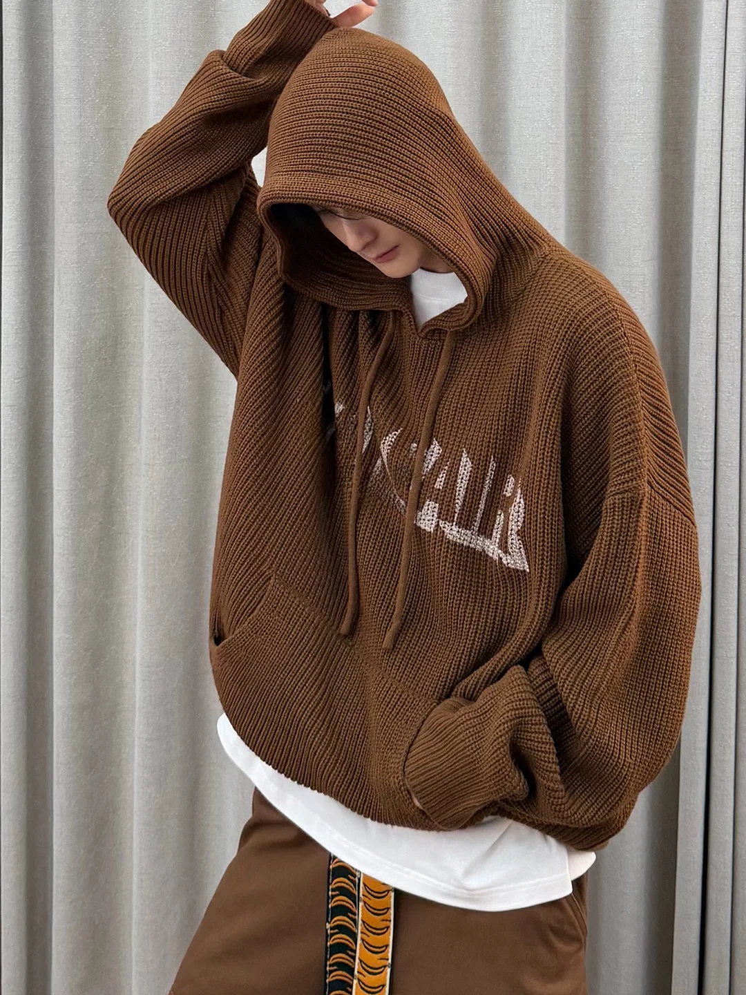 

Loose Fit Chunky Knit Hoodie Men's Sle Salted Yolk Casual Comfortable Warmth Daily Wear Autumn Season Faion Outerwear