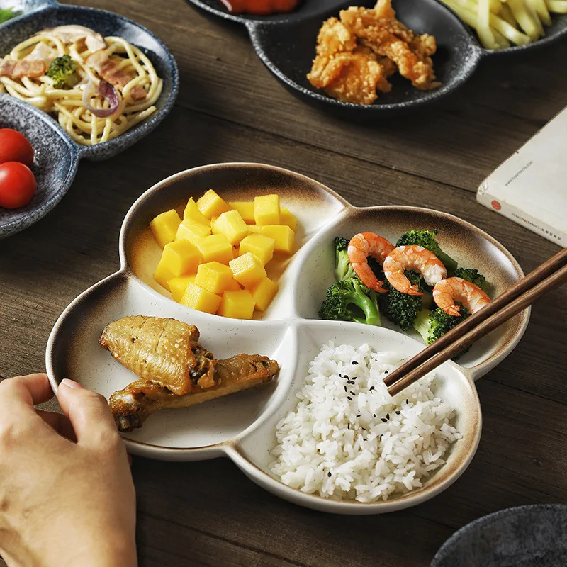 Ceramic Four Grids Meal Plate Quantitative Partitioned Fruit Dish Home Use Dinnerware Set Breakfast Plate Dishware