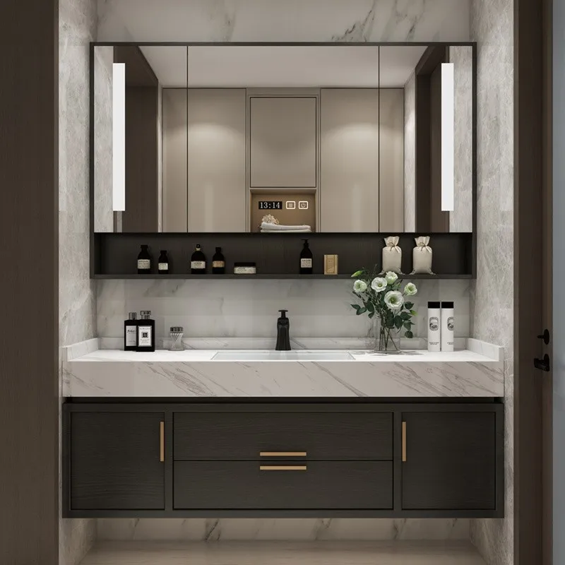 Light Luxury Bathroom Cabinet Intelligent Hanging Combination Modern Simple Custom Bathroom Washbasin Marble Furniture YX50BC