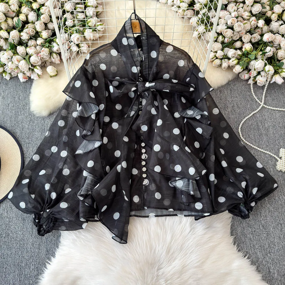 

Vintage Blouse chiffon loose tie dye ruffle long sleeve Slim Elegant Fashion Women hotsweet Shirt women clothing