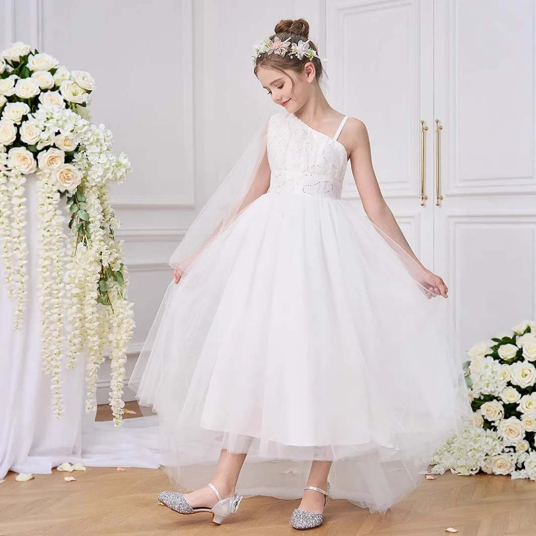White Dress For Girls Elegant Bridesmaid Flower Girl Dress Baptismal Ceremonial Wedding Dress Children First Communion Costumes