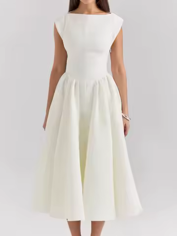 Articat Elegant Backless Round Neck Sleeveless Tank Dress Women's French Niche Mid-Length Dress Solid Color Party Evening Dress