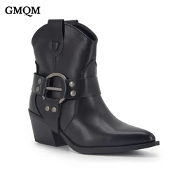 GMQM Fashion Women Ankle Boots New Western Cowboy Cowgirl Boots Pointed Toe Buckle Metal Decoration Punk Style Motorcycle Shoes