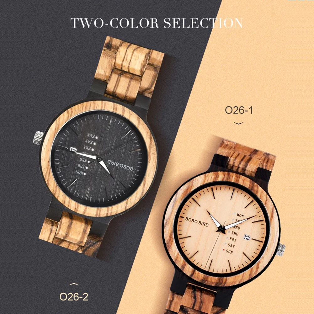 BOBO BIRD Houten herenhorloge Mode Zakelijke week en datumweergave Quartz uurwerk Logo aanpassen Geweldig cadeau relogio masculino
