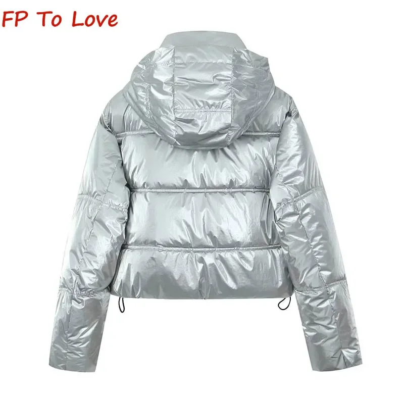 Y2K Metallic Warm Breadsuit Cotton Short Jacket PB&ZA Woman Silver Winter Long Sleeve Thick Jacket 3046204