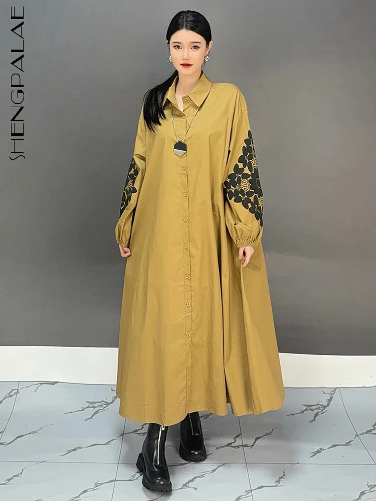 SHENGPALAE Lapel Embroidery Long Dresses Women Casual Lapel Single Breasted Loose New 2024 Temperament Female Clothing 5C1652