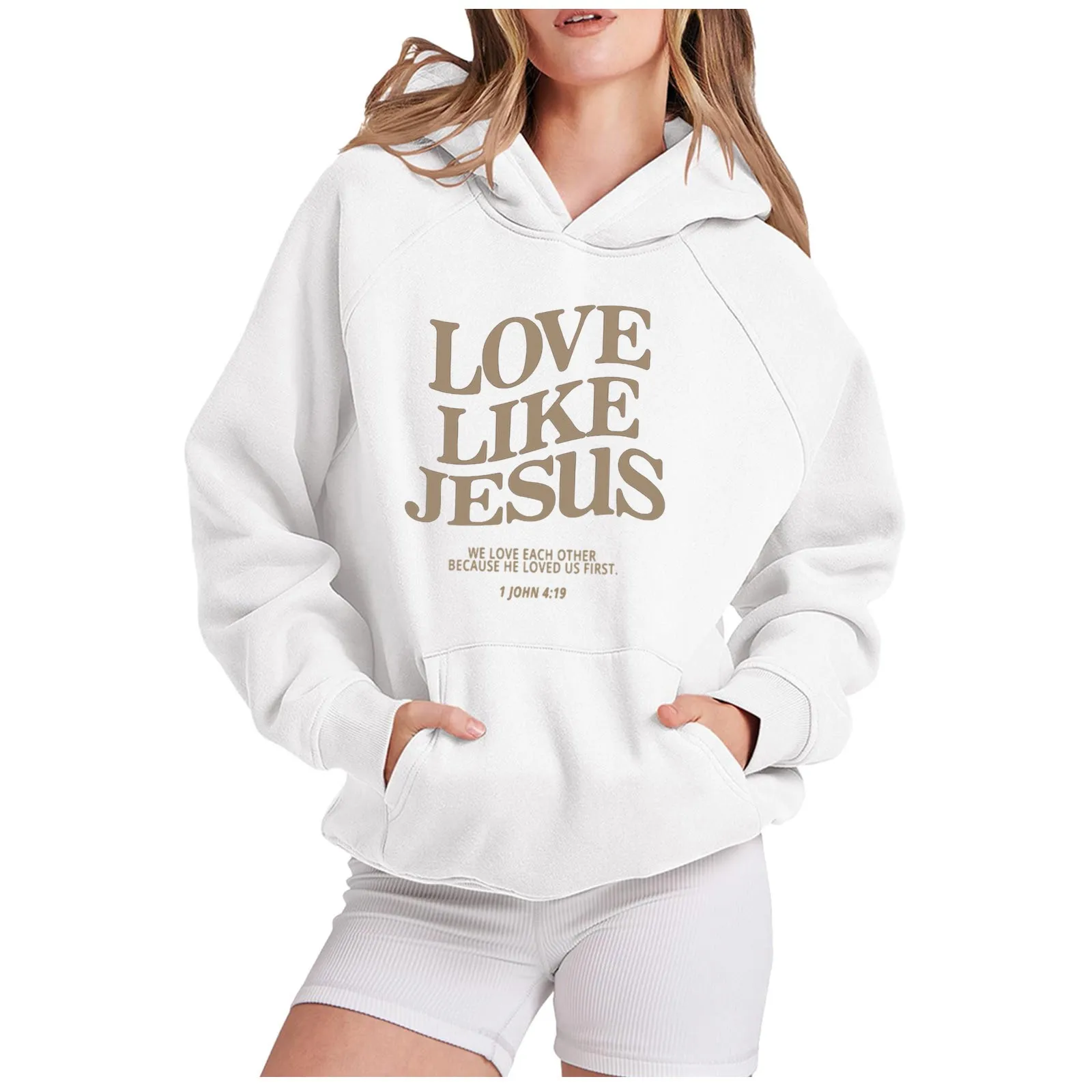 

LOVE LIKE JESUS Women's Casual Pullover With Raglan Sleeves Letter Printed Hoodie Solid Color Long Sleeve Pullover Sweatshirt