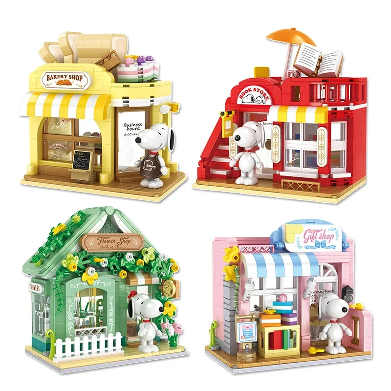 Engraçado snoopy mini blocos de construção vista rua loja diy casa na moda cena montado modelo tijolos figura brinquedos para o presente natal