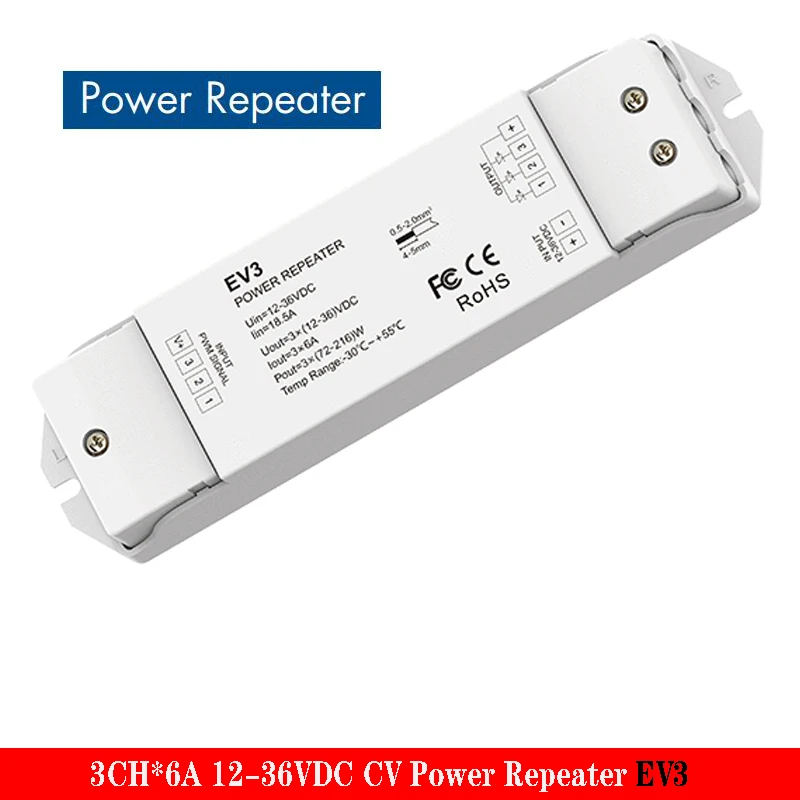 

3CH*6A 12-36VDC Power Repeater EV3 3 Channel, 6A Per Channel Apply To Single Color or RGB Constant Voltage LED Strip or Module