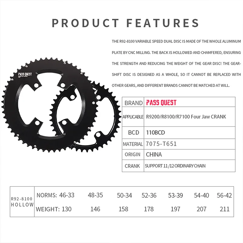 Pass Quest 110 BCD 4 Bolt Chainring for Shimano 105 R9200 R8100 R7100 Double Chainring 52-36T 53-39T 54-40T 50-34T 48-35T 46-33T