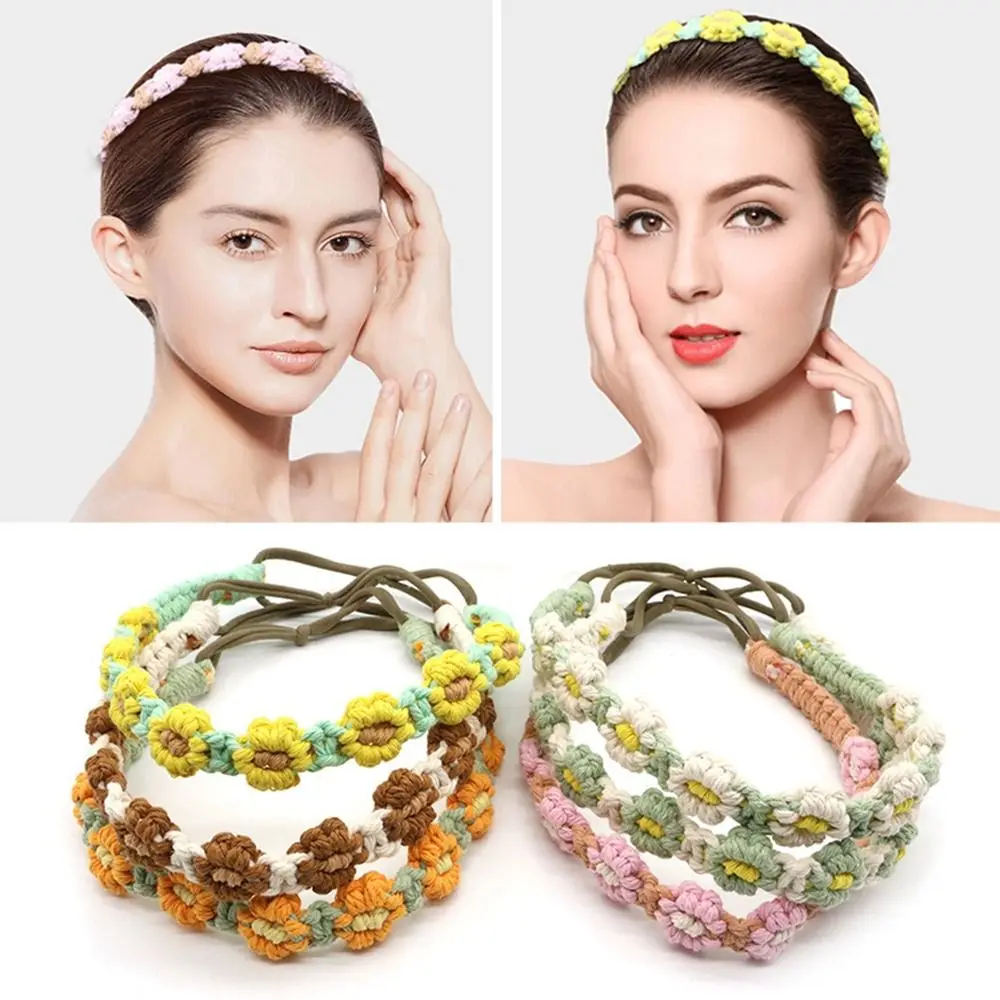 

Style Small Daisy Braided Rope Elastic Hair Band Headwrap Crochet Bandana Macrame Hair Band Bohemian Headband Women Hair Scarf