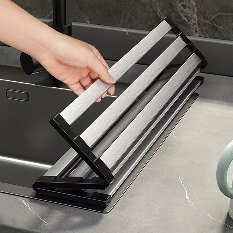 YM 304 Stainless Steel Kitchen Sink Drain Rack Sink Bowl Dish Storage Rack Foldable,Anti-scald Retractable Drain Basket  Shelf