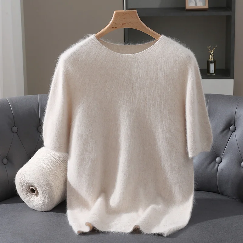Men's Mink Cashmere Knit Sweater T-Shirt Loose Round Neck Half Sleeved Simple Solid Casual Business Base Short Sleeve Pullover