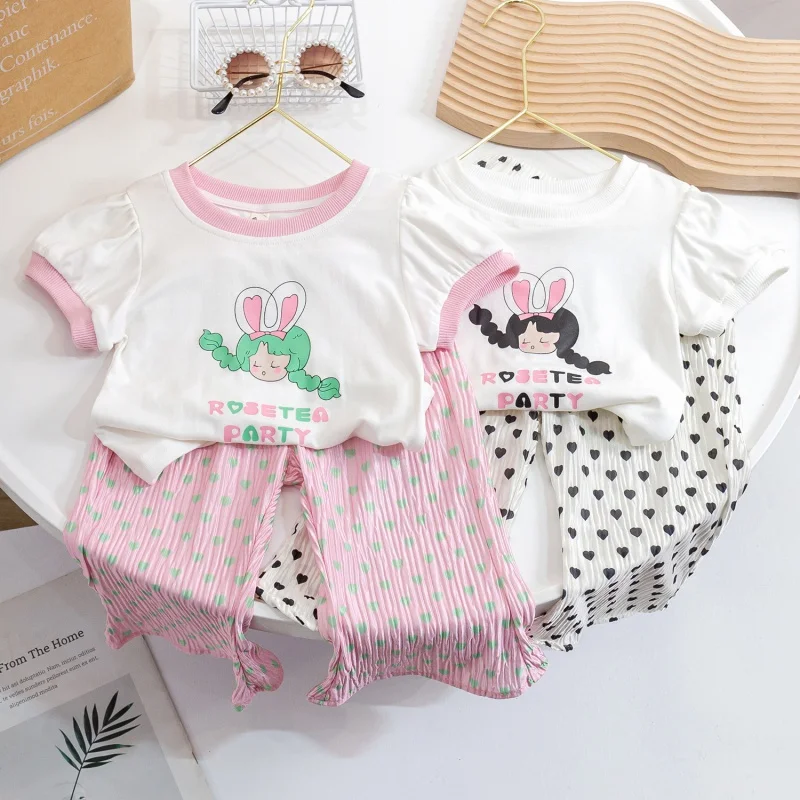 

Children's Suit New Cotton Girls' CartoonTT-shirt Cute Baby Love Anti Mosquito Pants Two-Piece Set