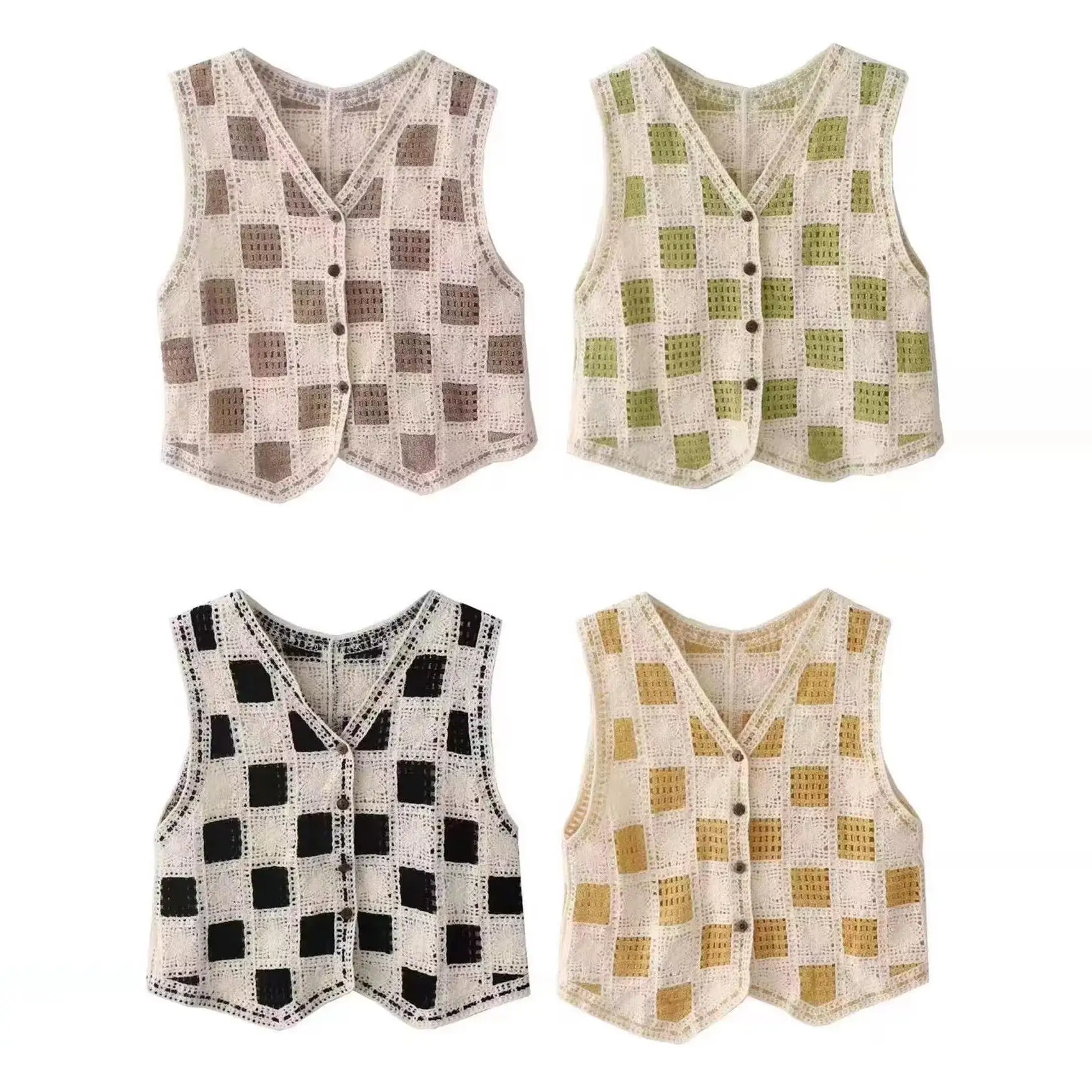 

ZBZR Spring New Sle Women's Faion Retro Hook Flower Hollow id Vest Open Cardigan Top V-ne ort Length Single Button