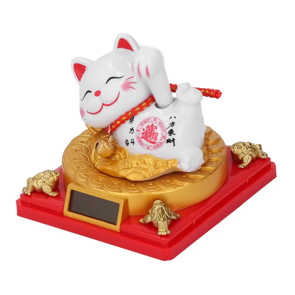 Plastic Solar Waving Lucky Cat Ornament 2.91x2.99x3.39in White Light Activated Maneki Neko Statue Smooth Silent Cat Ornament