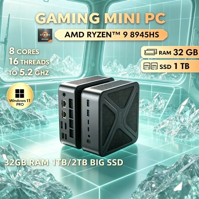 Hot Selling GH8 Mini Gaming PC AMD Ryzen9 8945HS Win11 Pro 2DDR5 WiFi6 BT5.2 8K HDMI2.1 Dual NVMe M.2 Mini Computer