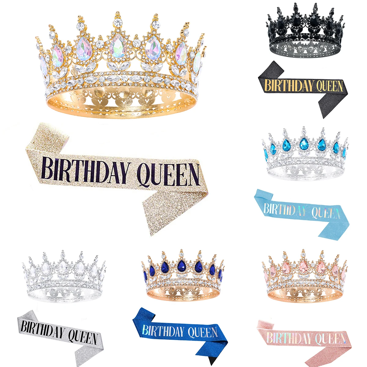 2 pcs แฟชั่นคริสตัล Rhinestone รอบ Tiaras และ Crowns สําหรับผู้หญิง "BIRTHDAY QUEEN" สายคล้องไหล่ชุดอุปกรณ์เสริมผม