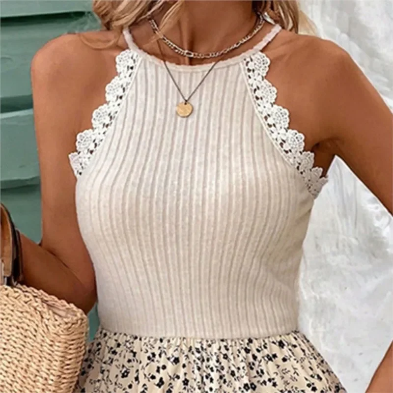 Estate nuove donne pizzo splicing abito Boho femminile elegante senza maniche aderente top mini abiti stampati abiti moda donna