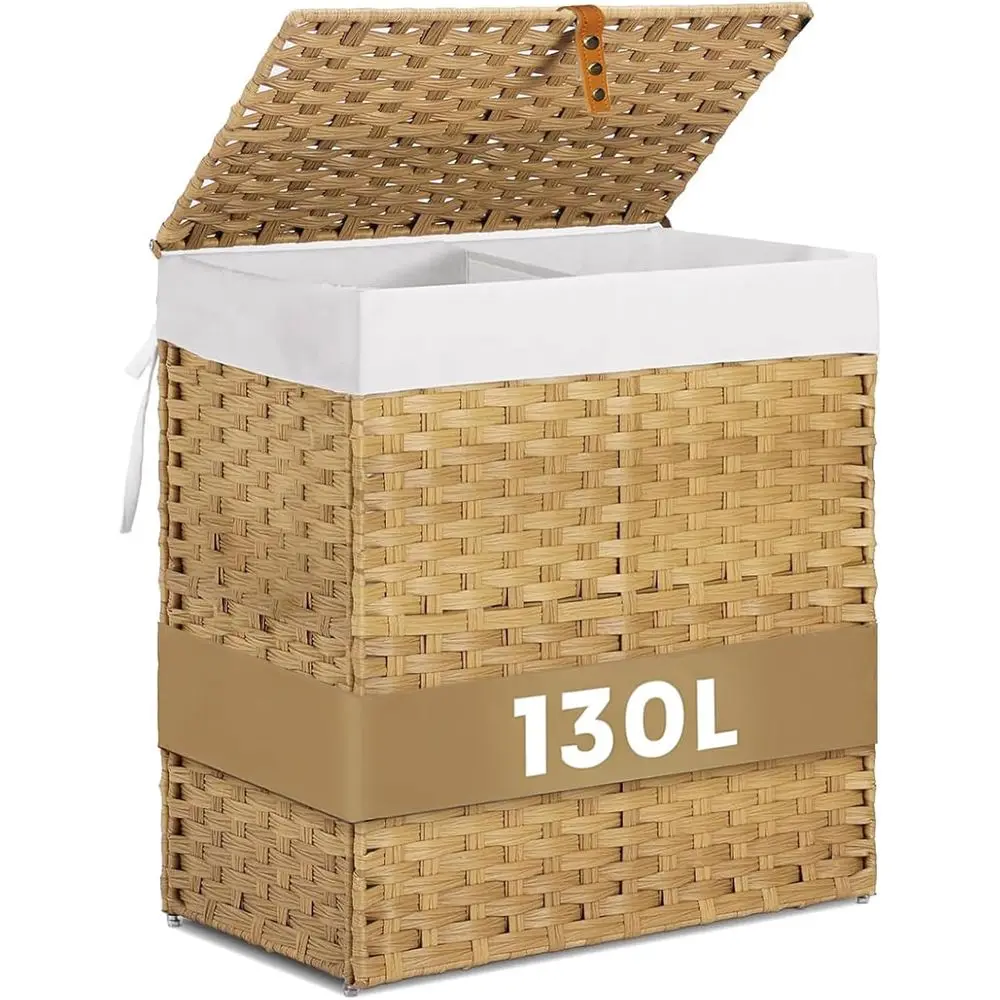 Wicker Laundry Hamper with Lid,34 Gal(130 L) Rattan Laundry Basket 2 Sections with Lid, Removable hine Washable Line, Large Clot