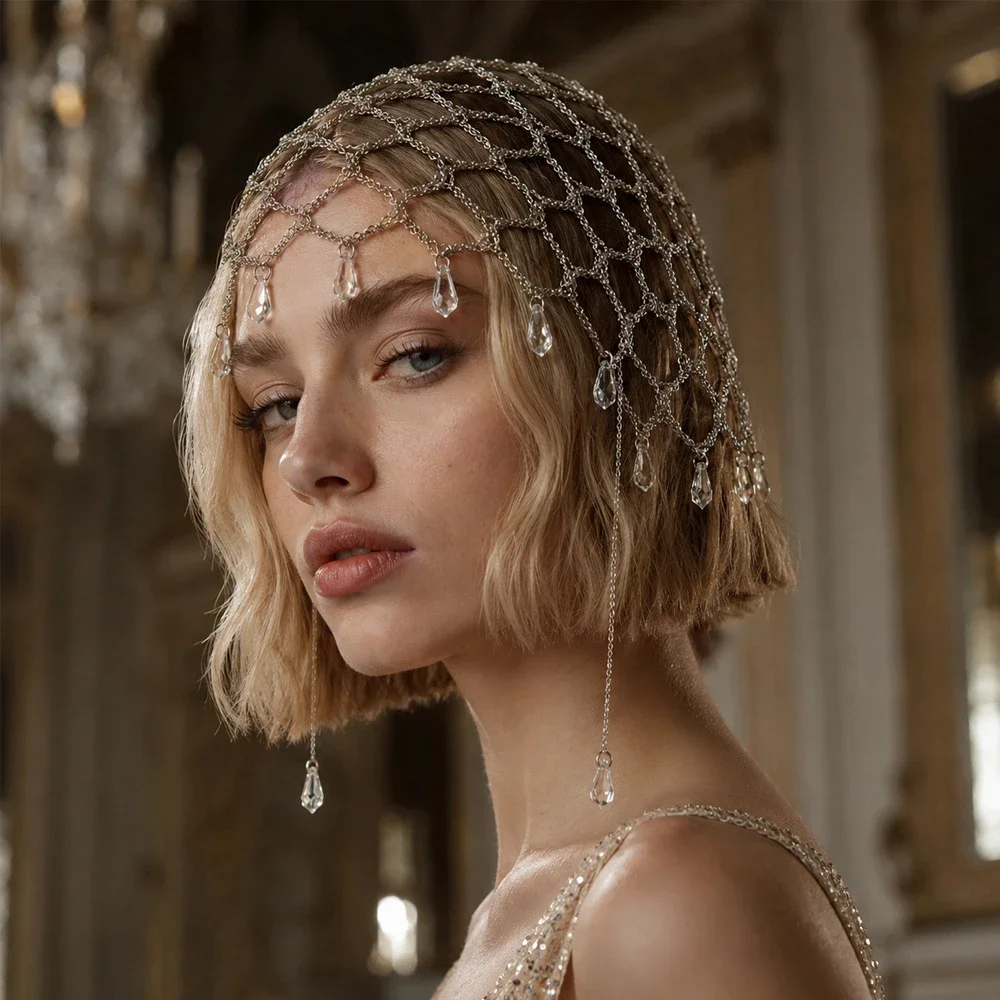 Elegant Pendant Mesh Forehead Headpiece Hat Prom Hair Accessories 2026 Bohemian Tassel Metal Head Chain Cap Wedding for Women
