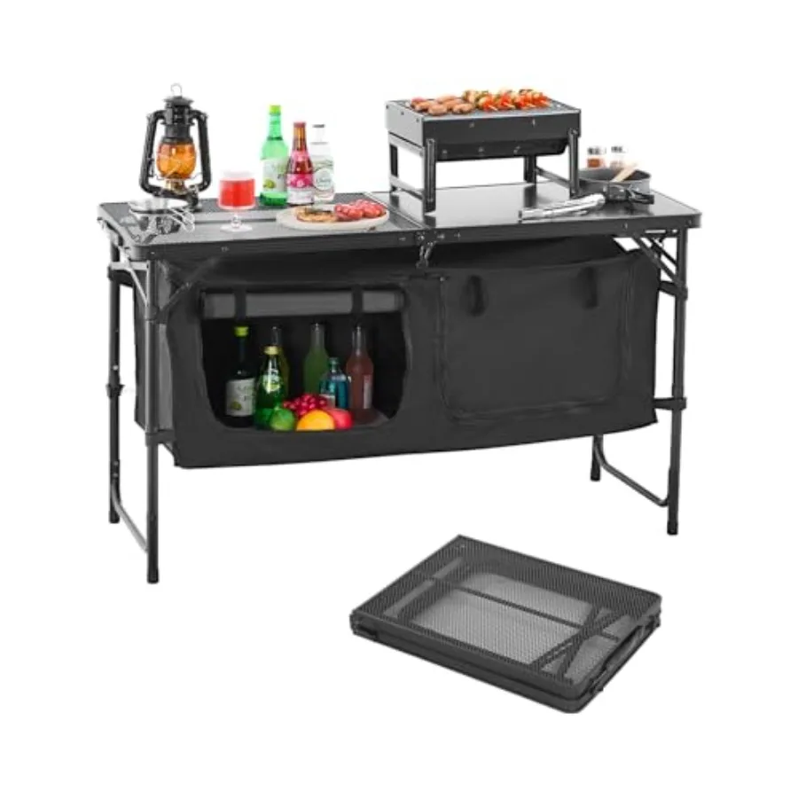 Camping Kitchen Table, Folding Outdoor Cooking Table, 3 Adjustable Heights, Aluminum Lightweight Portable Cook Station with Sto