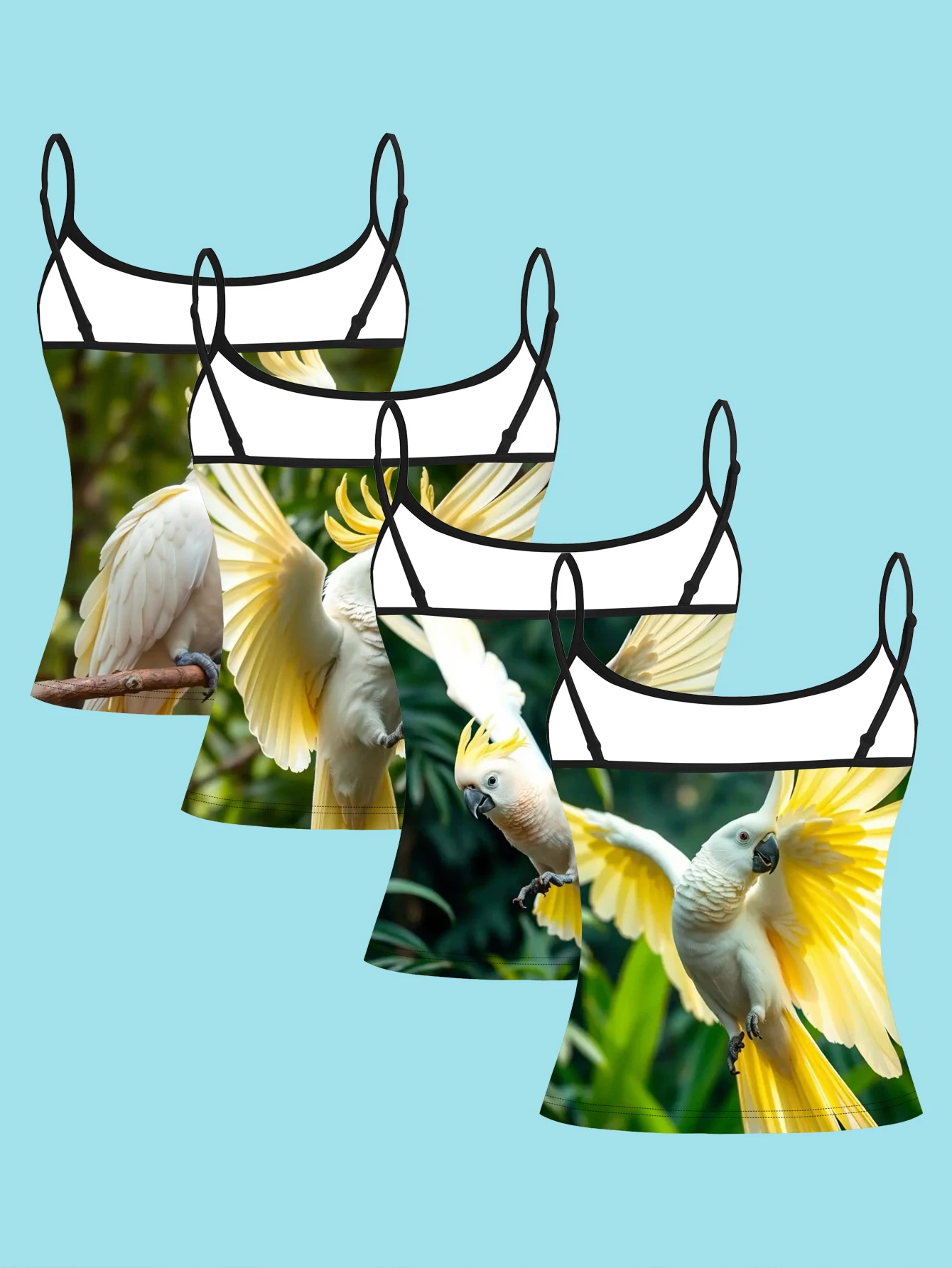 4-Piece Set of Forest-Themed Dynamic Parrot Suspenders Set, Tropical Green Leaf Women's Spaghetti Strap Inner Layering Top