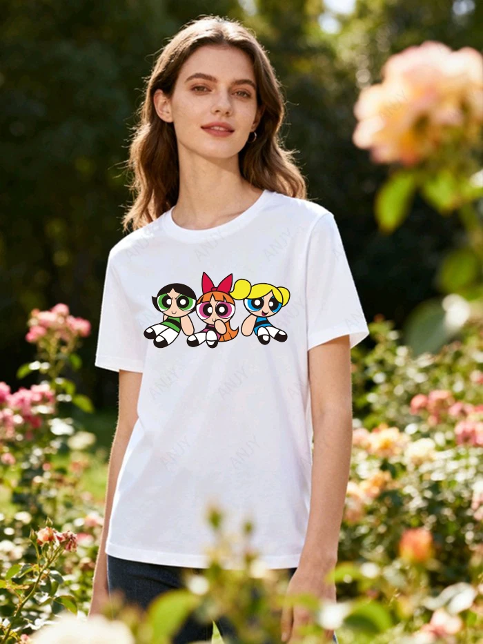 Flying Girl Police Cartoon Printed Vitality Age Reducing Versatile Cotton Short Sleeved T-shirt Suitable for Men and Women