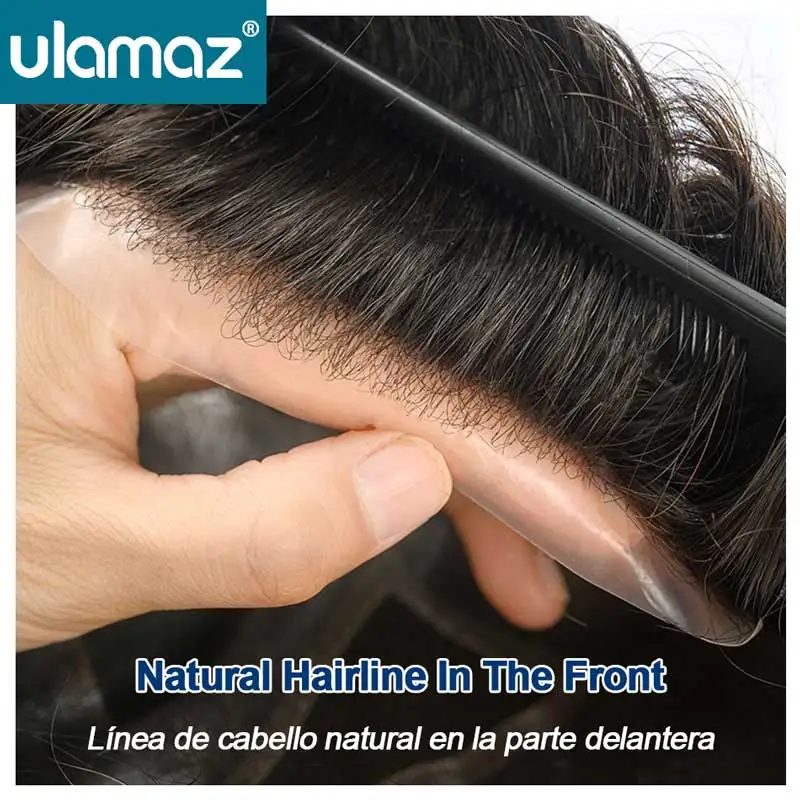 Natural Hairline Toupee PU Lace Men's Capillary Prosthesis 0.06-0.08mm Poly Men Wig Skin Hair System For Man Human Hair Male Wig