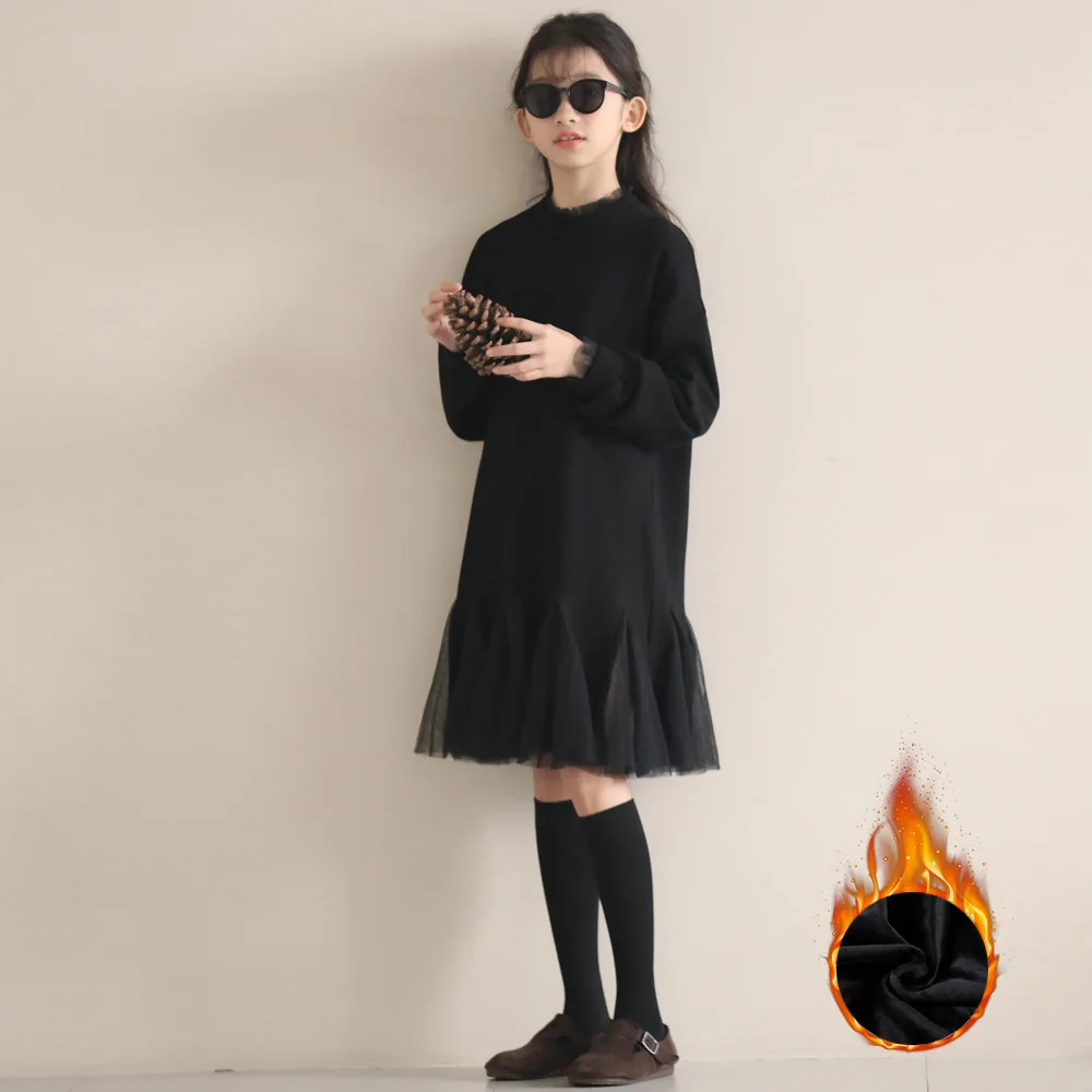 2024 Autumn Winter Children Girl Dress Junior Girl Round Neck Slimming Black Fake Two-piece Spliced Mesh Velvet Dress For Girls