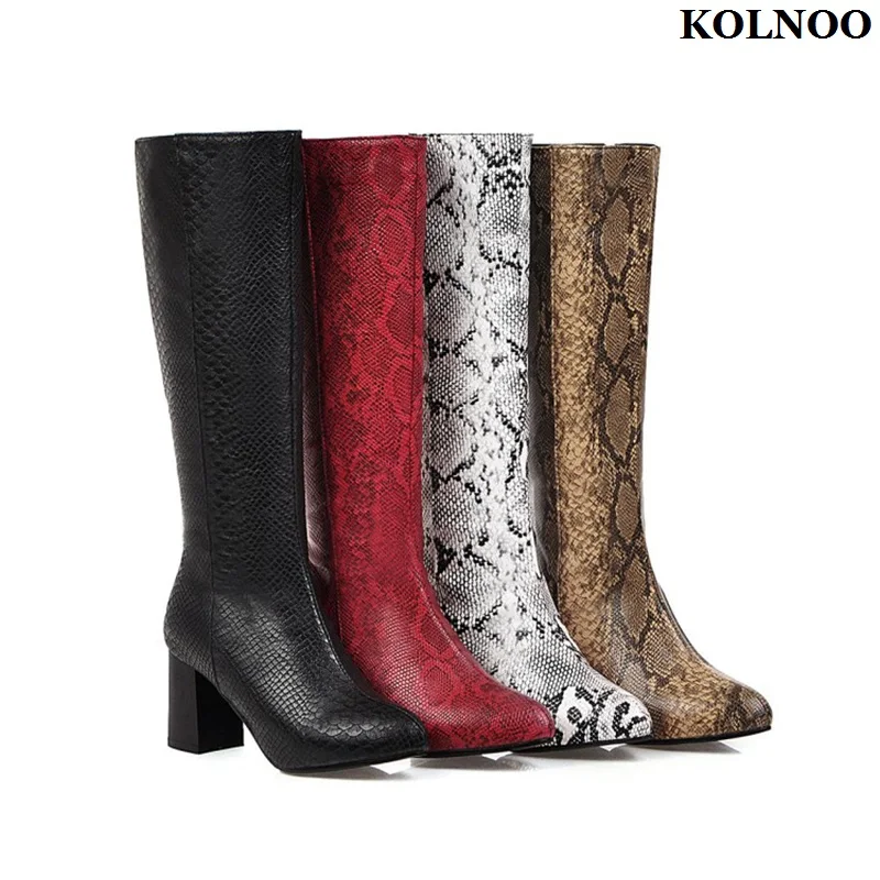 

Kolnoo 2023 Winter Classic Women's Thick Heel Boots European&American Stylish With Faux-Snake Leather Fashion Prom Midcalf Boots