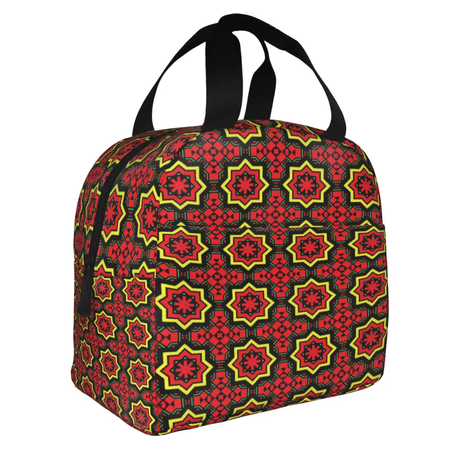African Ethnic Geometric Colorful Pattern Lunch Tote Bag Insulated Leakproof Lunch Box Container with Front Pocket for Girls Boy