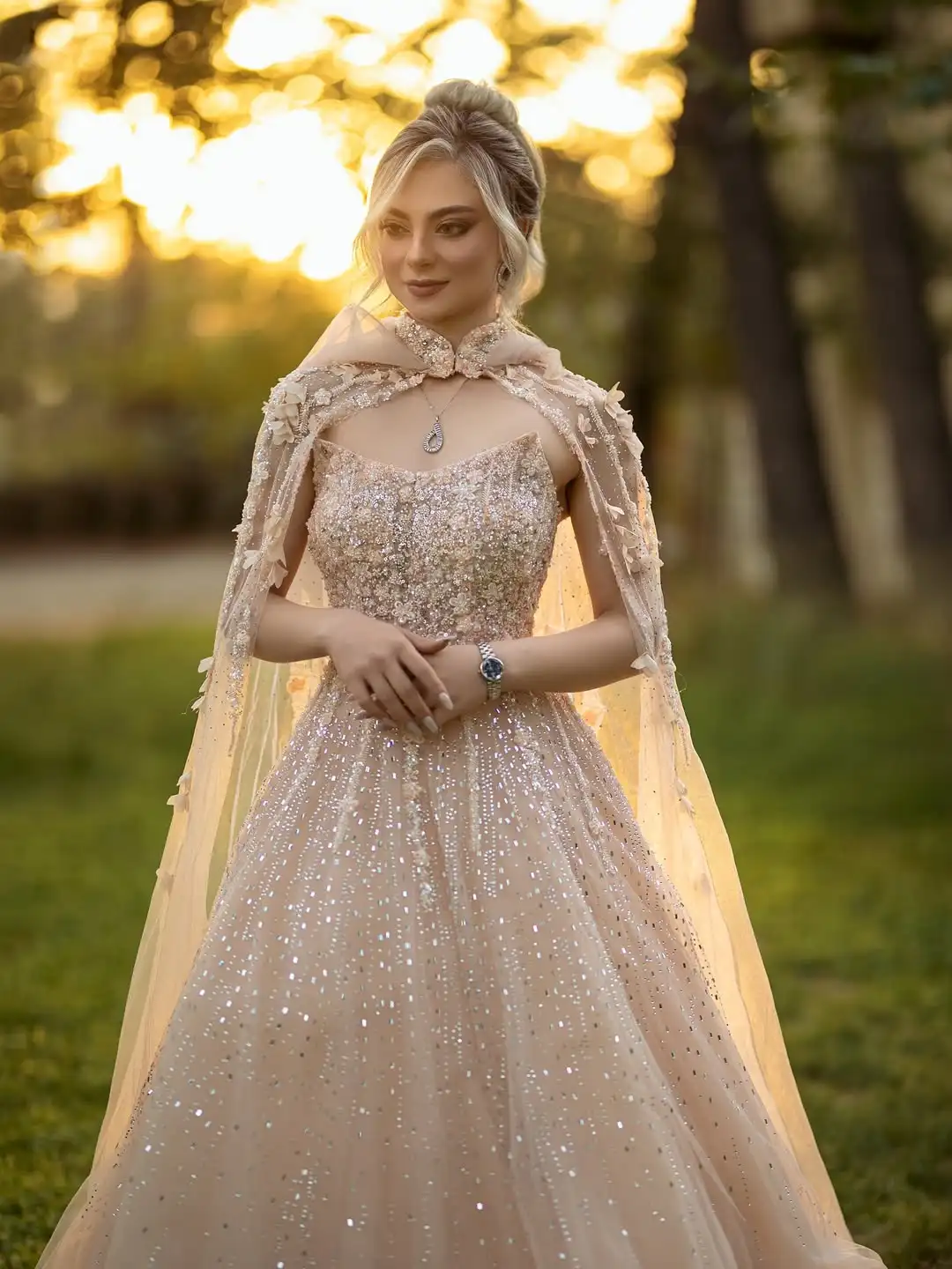 

Romantic Champagne Ball Gown Beading Floral Cape Sequin Tulle Princess Fairy Evening Gown Outdoor Party Banquet Garden Event
