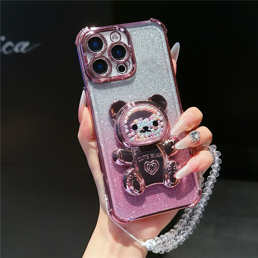 Crystal Bracelet Bear Phone Holder Case For Samsung S25 S24 S23 S22 S21 S20 Plus FE Ultra S25Edge Glitter Shockproof Stand Cover