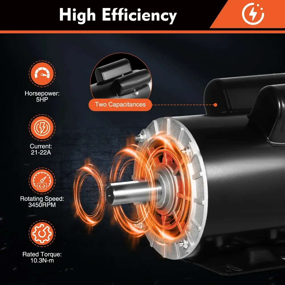 5 HP, 3450 RPM, 208-230 V, 60 Hz, Compressor Electric Motor with 7/8-inch Shaft, 143/5T Frame, Single-Phase Air Compressor Motor