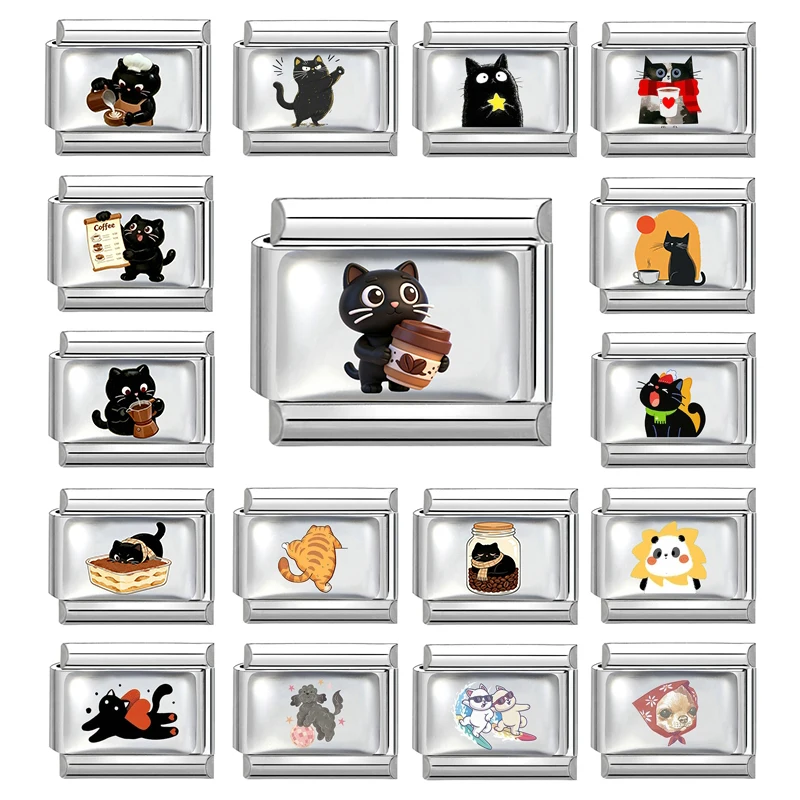 Y2K Funny Black Cats Eat Cake Coffee Animals Italian Charm Fit 9mm Stainless Steel Women Men DIY Bracelet Gift Jewelry Wholesale