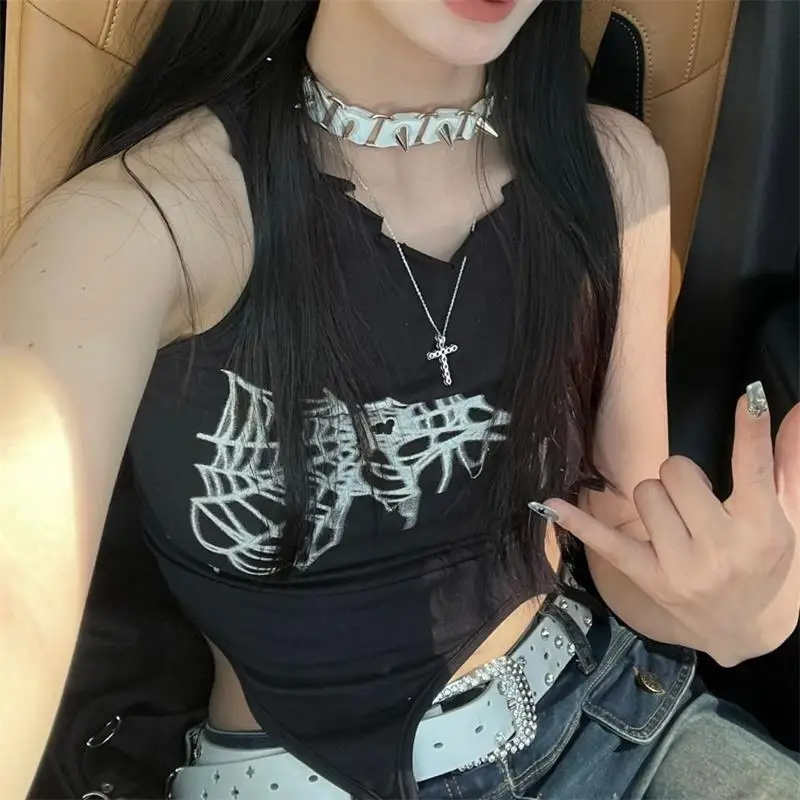 Summer Spider Web Print Tank Tops Aesthetic Hollow Out Bandage Punk Vest Irregular Women Causal Basic Y2k Streetwear Crop Top