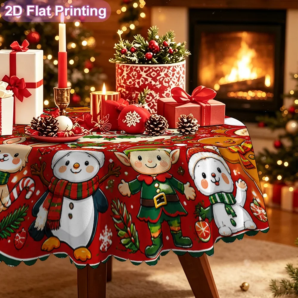 2D flat 1 piece tablecloth, Merry Christmas, red Christmas mat, bright pattern, round tablecloth on Christmas Day