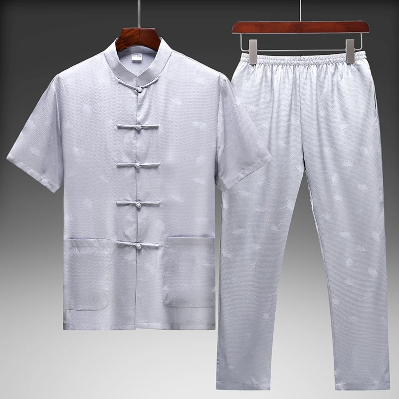 Genuine Silk 100% Tang Costume 2 Piece Set Man Luxury Shirt&Pants Summer Quality Smooth Satin Frog Button Conjunto Verano Hombre