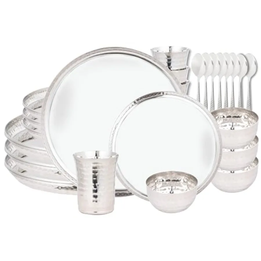 

28 Piece Stainless Steel Dinnerware Set for 4 Includes Plates Bowl Cups Spoons Heavy 9 Lbs Stylish Hammered Indian Design