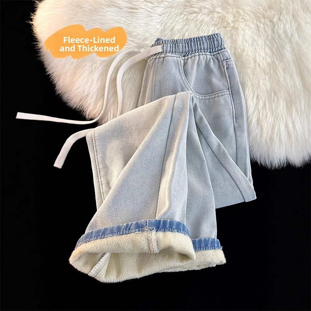 

Thickened Fleece Lined Elastic Waist Wide Leg Men's Jeans Winter Warm Casual Straight Cut Jeans Street Style American Loose Fit
